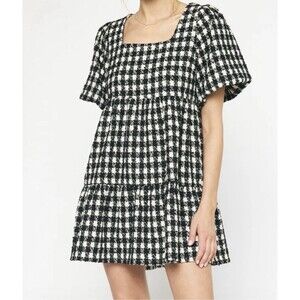 Entro Dress Women Small Black White Mini Babydoll Houndstooth Tweed Square Neck